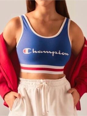 Champion Blue Logo Crop Sports Bra Red White Stripe Size L